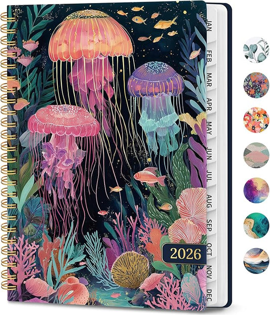 2026 Planner, Weekly and Monthly Calendar Planner Book, January 2026 - December 2026, Hardcover Spiral Planner with Monthly Tabs, Notes Pages, Perfect for Women & Men, A5 (6.4" x 8.5") - Jellyfish