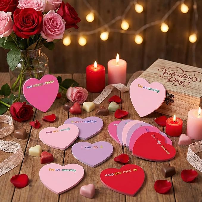 Teling 24 Pack Valentine's Day Sticky Notes Heart Shape Sticky Notes 3 x 3 Inch Inspirational Notepads Bulk Cute Memo Pads for Valentines Party Gifts School Office Supplies (Red Pink Purple)