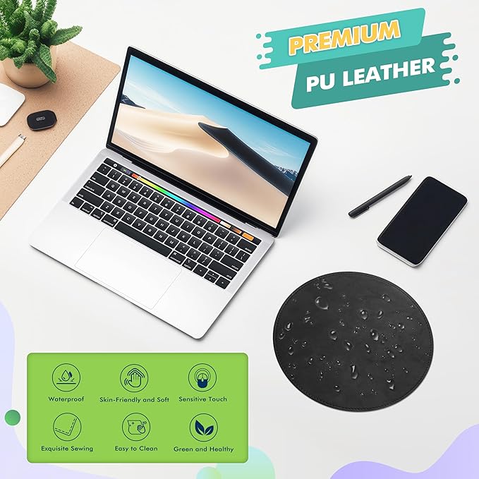 Mouse Pad，Round Mouse Pad，PU Mouse Pad，Leather Mouse Pad with Stitched Edge Micro-Fiber Base with Non-Slip Waterproof，Mouse Pad for Computers，Laptop，9 x 9 Inch (Charcoal Black)