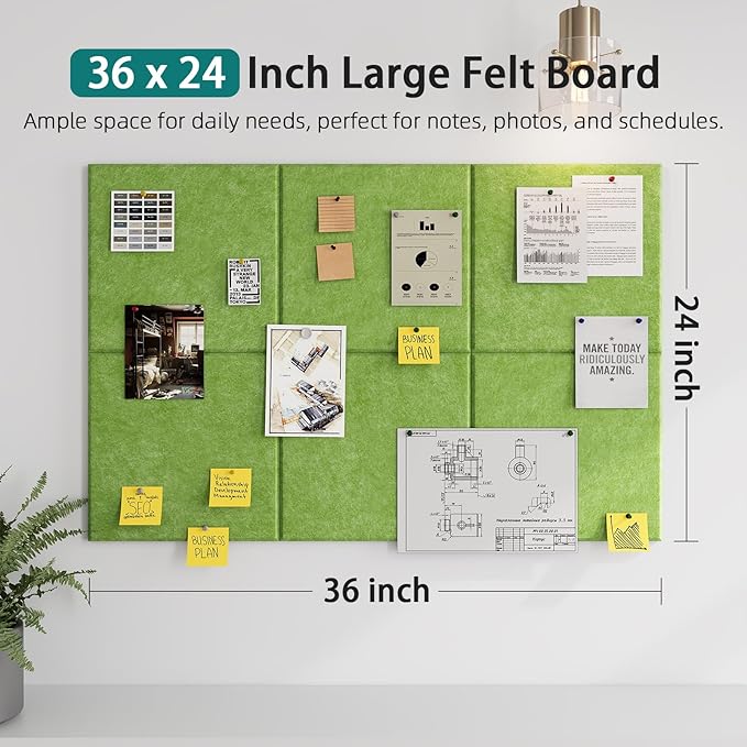 Felt Cork Board for Wall: Extra Large Bulletin Board for Office - 0.5 Inch Thick Corkboard Tiles 6 PCS Green Pin Board Squares Adhesive