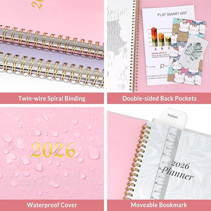 2026 Planner, Annecy Weekly ＆ Monthly Planner 2026, Jan. 2026 – Dec. 2026, 6.4" x 8.3" Monthly Agenda Planner with Tabs, Waterproof Flexible Cover, Spiral Binding, Double-sided Pocket, Bookmark, Pink