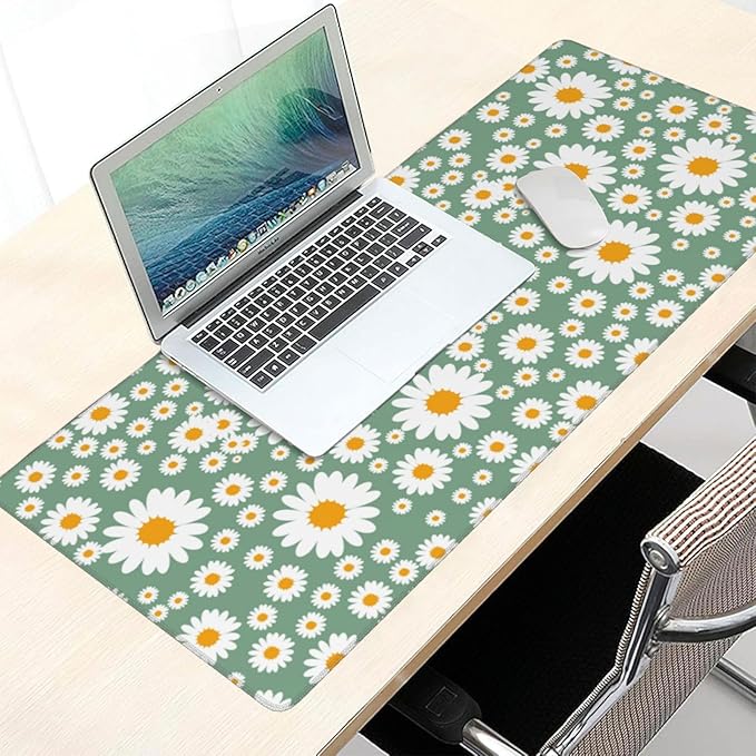 Extra Large Mouse Pads Daisy Flowers XXL Mousepad with Stitched Edges Spring Floral Print Non-Slip Rubber Base Computer Keyboard Pad Desk Mat for Home Office Desk Decor, 35.4" X 15.7"