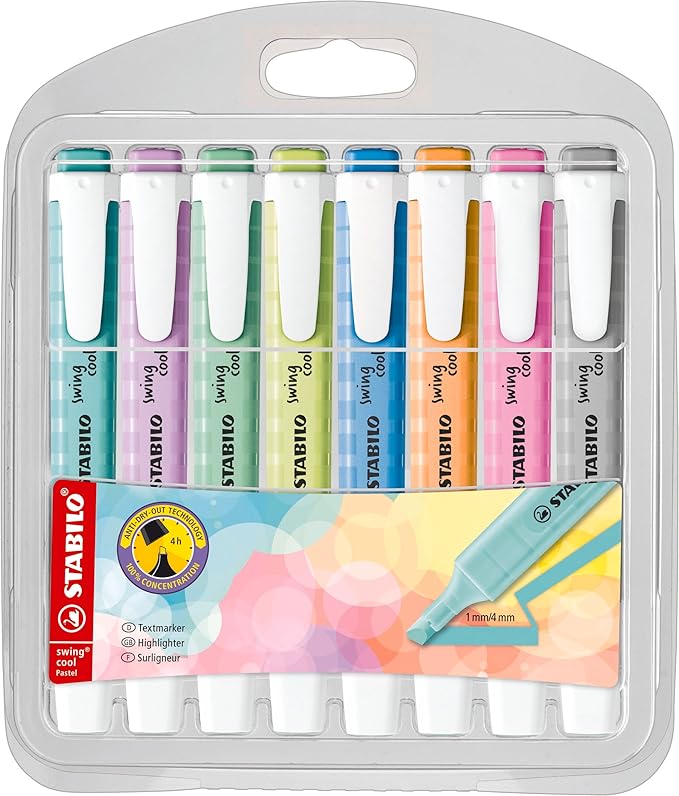 STABILO Highlighter swing cool Pastel - Pack of 8 - Assorted Colors, Portable, Clip Closure, Office + School Supplies
