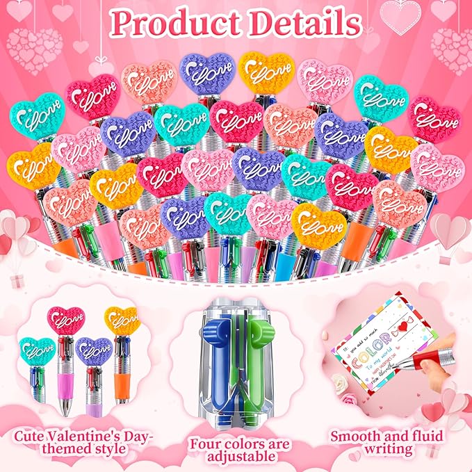 CZWZ 30Pcs Mini Multicolor Pen in One 4-in-1 Cute Pens Bulk for Kids, Ballpoint Pens for Birthdays and Children's Parties, Fun Pens Gifts Assorted Ink Kawaii Pen(LOVE Heart)
