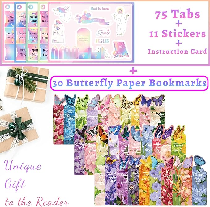 Bible Tabs with Unique Stickers, Laminated Bible Tabs for Women & Men, Christian Gifts, Large Print Bible Tabs for Easy Navigation, Bible Book Index Tabs Labels, Bible Study Supplies, Rainbow4 SQ2