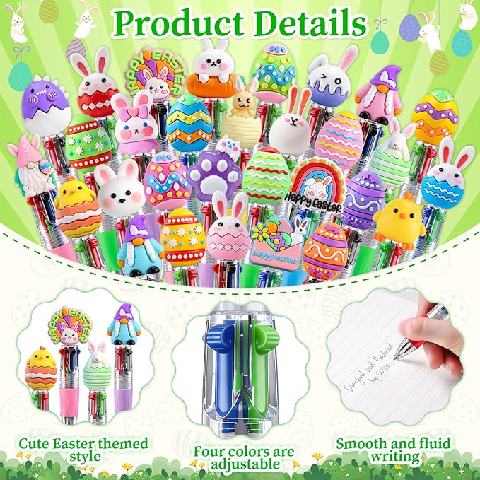 CZWZ 30Pcs Mini Multicolor Pens in One 4-in-1 Cute Pens Bulk, Ballpoint Pen for Birthdays and Parties, Fun Gifts Assorted Ink Kawaii Pen(Easter Egg Style)