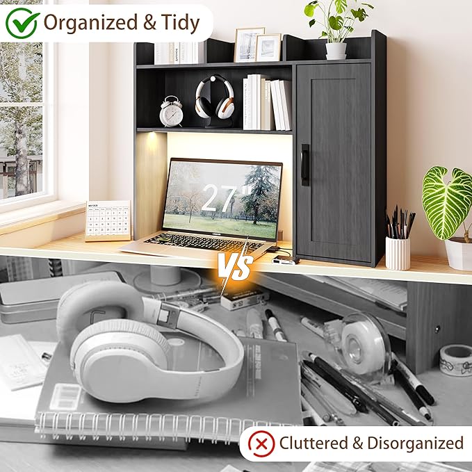 Desktop Bookshelf, Wooden Desk Hutch with LED Lights, Desktop Shelf with 6 Shelves and Power Outlets, Office Desk Organizer, Over Desk Storage Shelves for Dorm, Home, Grey