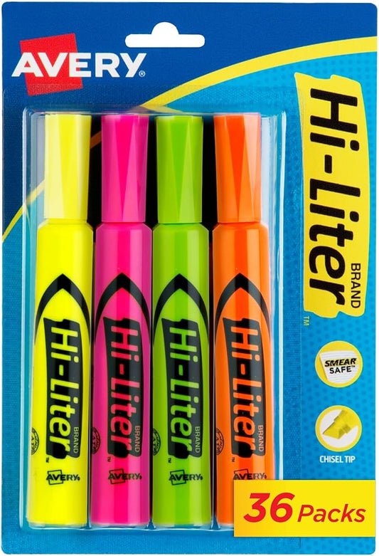 Avery Hi-Liter Desk-Style Highlighters, Smear Safe Ink, Chisel Tip, Assorted Colors (Yellow, Pink, Green, and Orange), 4 Highlighters per Pack, 144 Total (36-Pack of 24063)