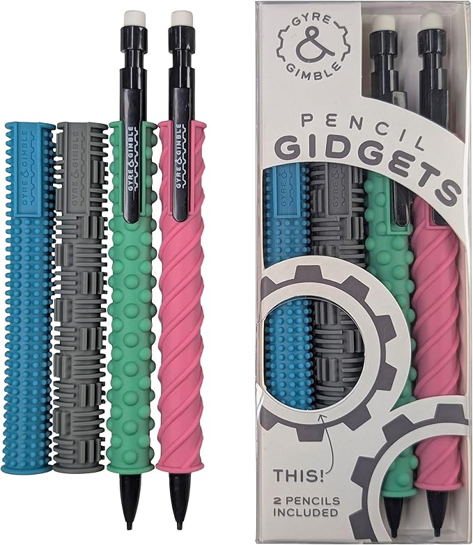 Gyre & Gimble Pencil Gidgets – Textured Silicone Pencil Sleeve for Quiet Fidgeting – Transform Your Mechanical Pencil into a Sensory ADHD Tool for Kids and Adults – 4 Sleeves & 2 Pencils