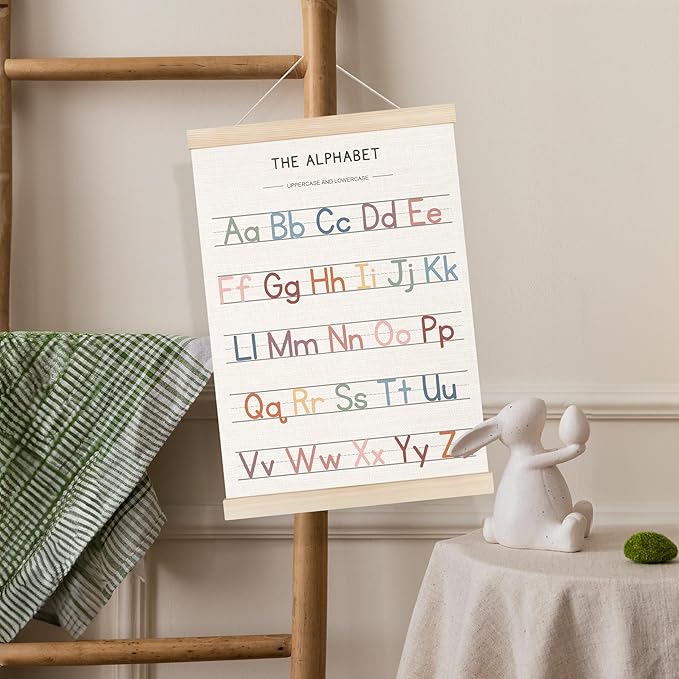 Koesus Numbers and Alphabet Wall Art Poster Hanger Frame 12x16 Inch Set of 2, Educational Learning Canvas Pictures Prints Framed Wall Decor for Classroom Toddler Kids Nursery Bedroom Playroom