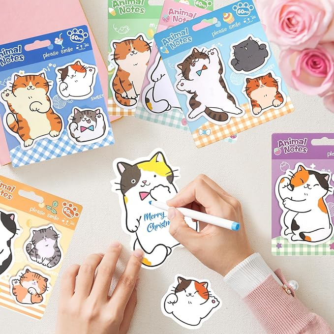 Cute Cat Shaped Sticky Notes Set - 6 Kawaii Animal Memo Note Pads with Cartoon Cats Design - 360 Sheets Themed Stationery Notepad for School, Office Supplies, Gifts for Cat Lovers