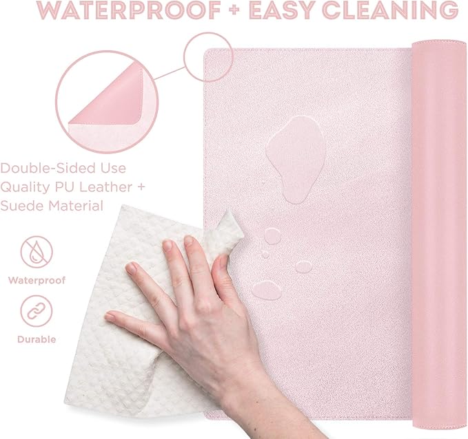 FTC PU Leather Desk Pad & Desk Blotter, Non-Slip Flannelette Base, Stitched Desk Mat for Keyboard, Mouse & Writing, Home or Office (Pink, 31.5” x 15.75”)