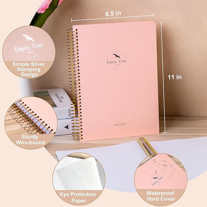 FLYING EAGLE 8.5 x 11 Large Graph Notebook Journal Spiral Graph Grid Notebook 210 Pages Hardcover Notebook Engineering Paper Notebook Graphing Notebook for Men Women, Pink