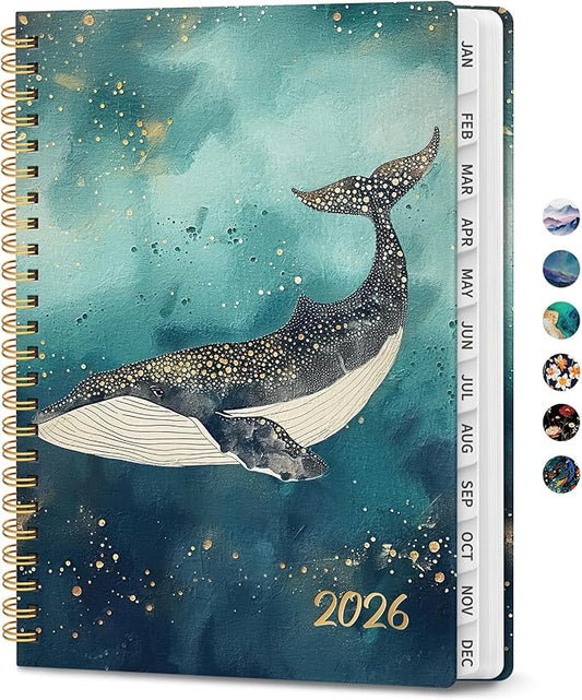 2026 Planner, Monthly and Weekly Calendar Planner for Women, Jan 2026 - Dec 2026, Hardcover Pretty 2026 Agenda Planner Book with Tabs, Spiral Bound, Perfect for School Office Home Supplies, 8.5" x 11" - Whale Dreams