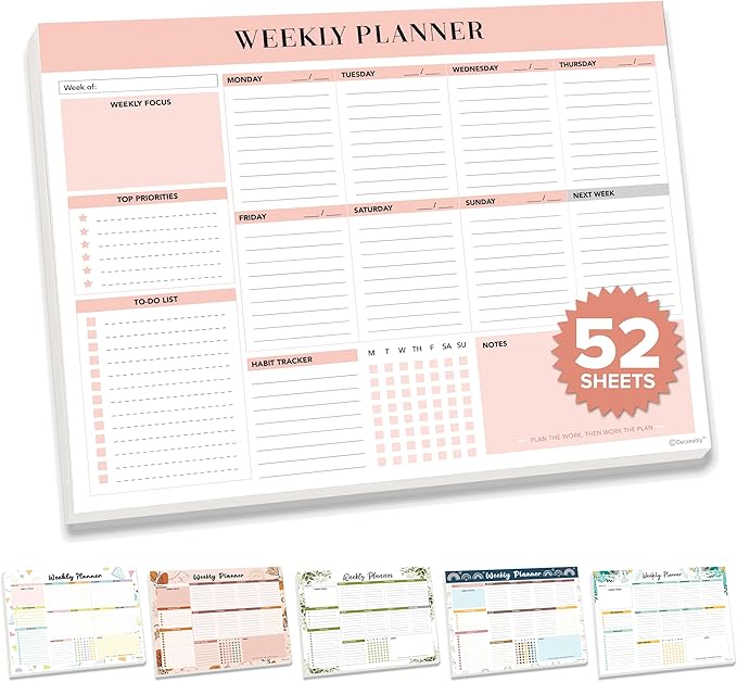 Decorably 52 Sheets Nude Pink Undated Weekly Planner Notepad Tear Off, 11x8.5in Weekly to Do List Notepad Tear Off for Focus, Priorities, To-Do List, Habit Tracker, Agenda, Notes