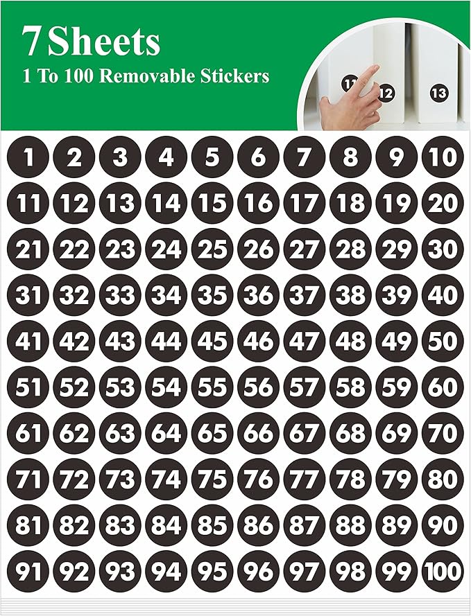 700 PCS Round Black Vinyl Number Labels 1-100 Self-Adhesive Dot Number Stickers for Indoor, Outdoor, Office, Classroom, Storage, Organizing, Boxes and More (1 Inch Each)