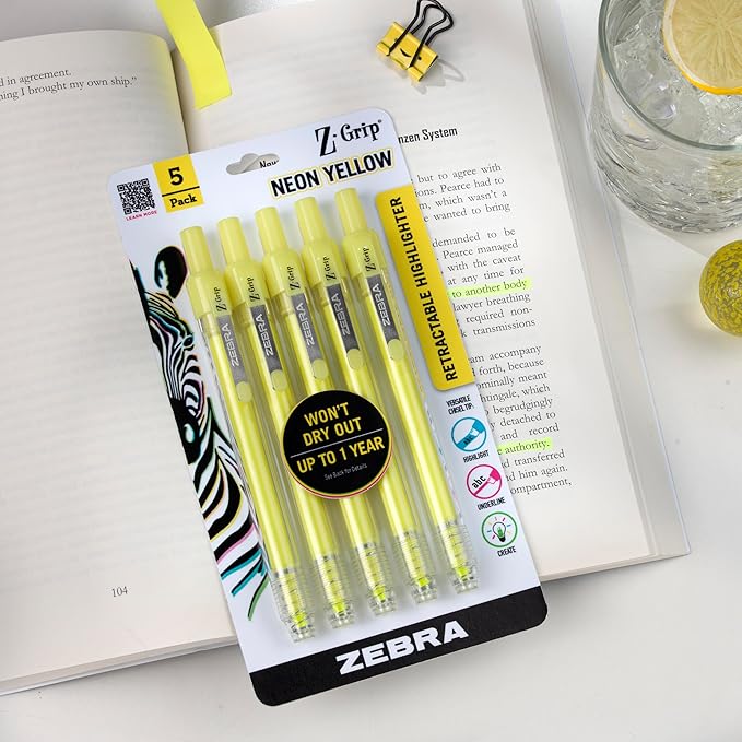 Zebra Pen, Z-Grip Retractable Highlighters, Chisel Tip, Neon Yellow, Transparent Barrel, Click-Style Retractable Design, Built-In Metal Clip, Ideal for School and Office, 5-Pack (71255)
