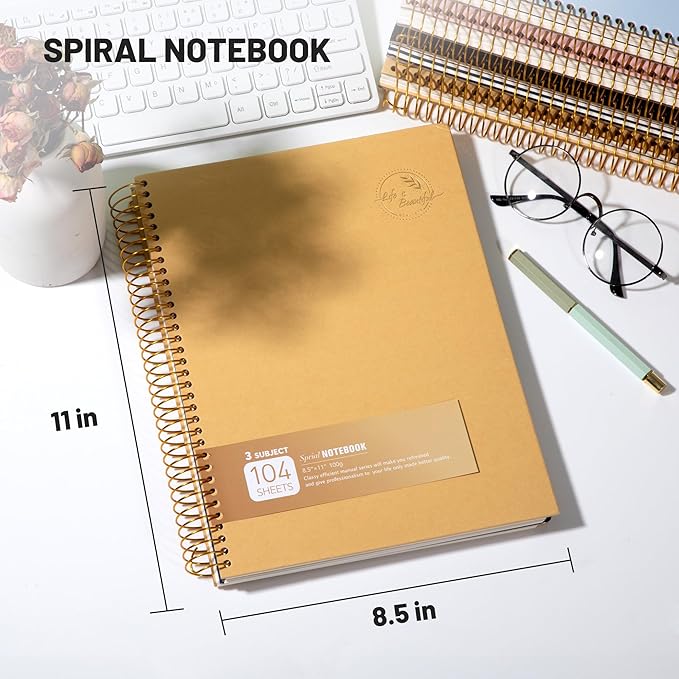8.5 x 11 Large Spiral Notebook 3 Subject Spiral Notebook Hardcover Spiral Notebook for Note Taking 120 Sheets College Ruled Journal for School Office Supplies Writing Journal,Brown