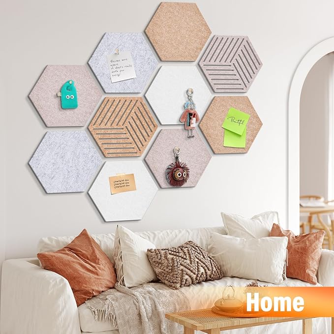 Hexagon Cork Board Tiles 10 Pack 12'' x 10'' Cork Bulletin Boards Tiles for Walls, Hexagon Small Cork Boards with 50 Wooden Push Pins, for Office Home Photos DIY Classroom Decor