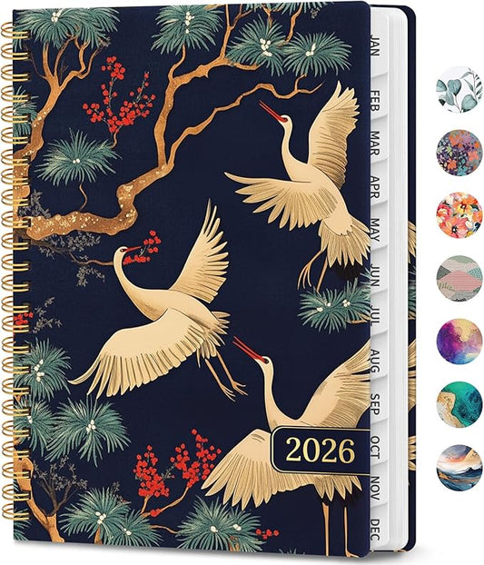 2026 Planner, Weekly and Monthly Calendar Planner Book, January 2026 - December 2026, Hardcover Spiral Planner with Monthly Tabs, Notes Pages, Perfect for Women & Men, A5 (6.4" x 8.5") - Cranes