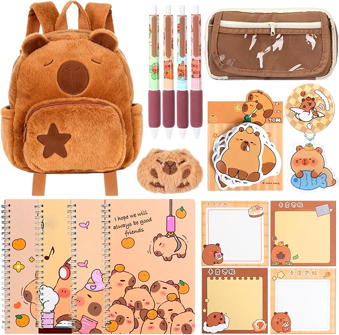 50 Pcs Capybara Gifts with Capybara Backpack and Stationery Set Valentine's Day Gifts Sticky Notes Ballpoint Pens Spiral Notebooks Brooch Pendant for Rewards Birthdays Gift