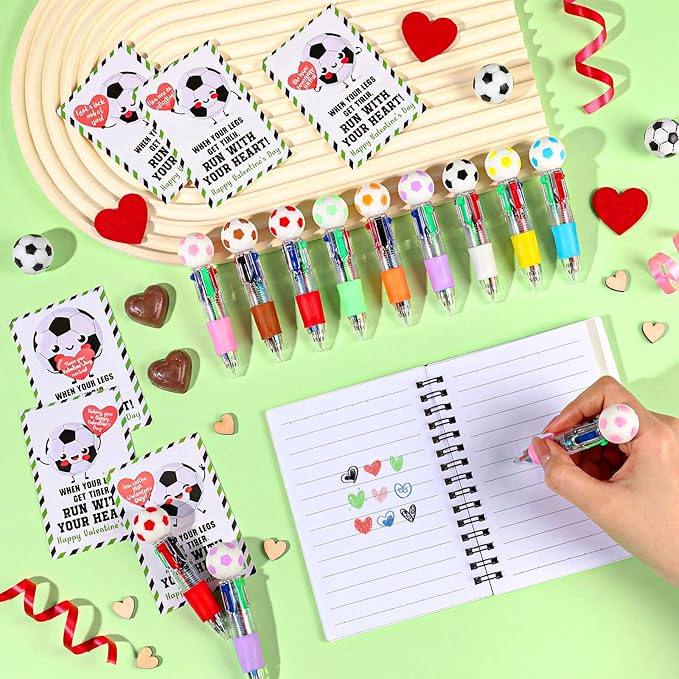 Colarr 24 Set Soccer Valentines Gifts Multicolor Pens with Positive Cards for Valentines Day Party Favors Classroom Prizes Soccer Team Goodie Bags Stuffers 4 in 1 Ballpoint Pens