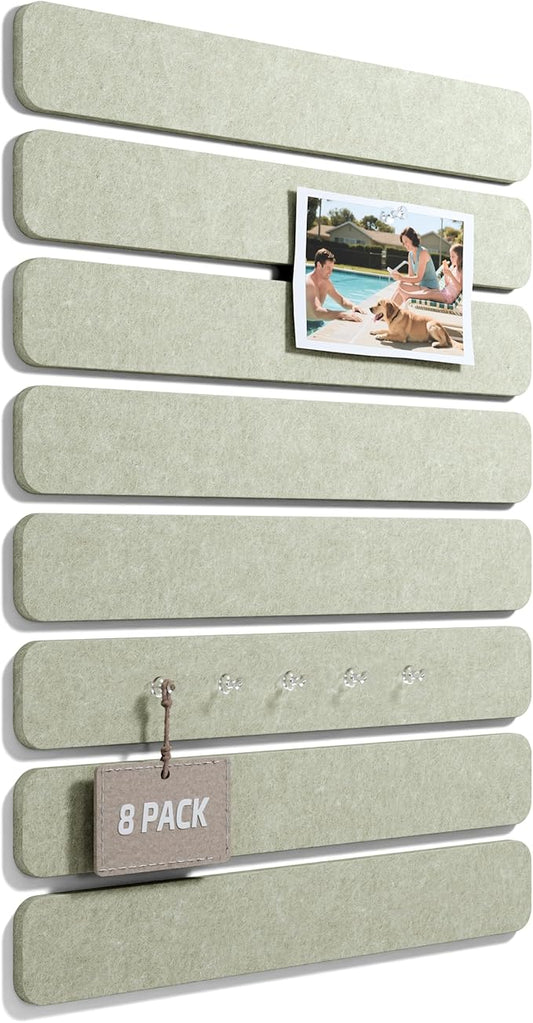 Fluxynara Cork Board Alternative Felt Strip Board 8-Pack 13"x2", Office Pin Board with 50 Push Pins, Adhesive Install for Bedroom Door & Home Office(Sage)