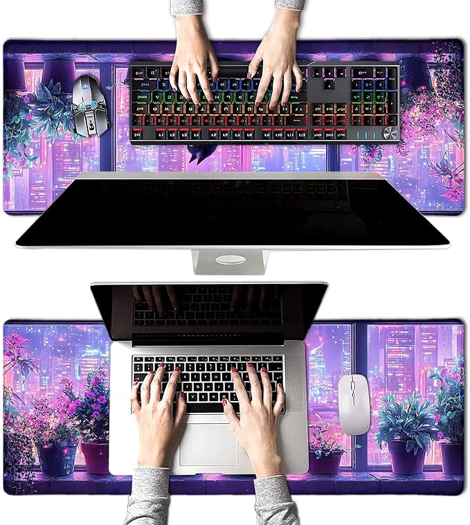 Modern Black Cat City Night Scenery Large Mouse Pad, Desk Mat Computer Keyboard Pad Non-Slip Rubber Base Waterproof with Stitched Edges for Laptop Gaming, Office & Home 31.5 x 11.8 Inch (XL-18)