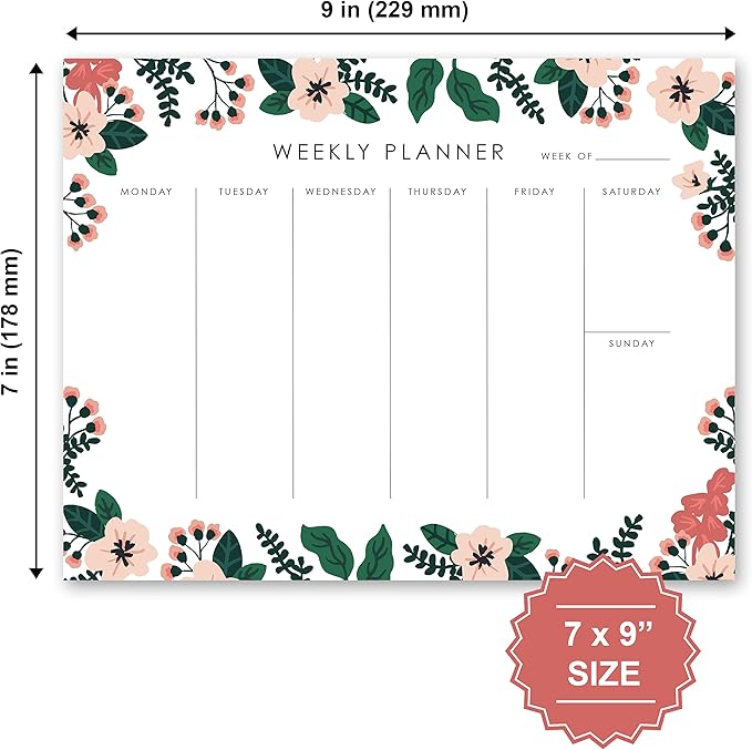 Weekly Planner Notepad - 9x7” inches, 52 tear off sheets - Undated Desk Planner Pad Calendar Notepad Organizer for Weekly To Do List, Notes and Schedule (Floral)