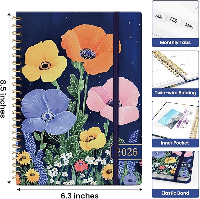 2026 Planner, Weekly and Monthly Calendar Planner for Women, Jan 2026 - Dec 2026, Hardcover Planning Agenda book with Tabs, Spiral Bound, Inner Pocket, Perfect for School Office Supplies, 6.3" x 8.5" - Lavish Bloom