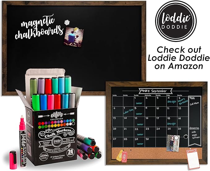 Loddie Doddie Magnetic Chalkboard & Magnet Board - 24"x36", White - Porcelain Enamel & Chalkboard Calendar - Photo & Magnet Display - Rustic Farmhouse Charm & Kitchen Menu Board