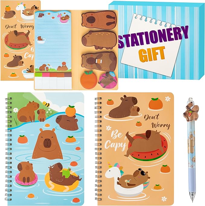 B1ykin Stationery Gift Set - 3Pcs Notebook Sticky Notes, Kawaii A5 Spiral Notebooks & 550 Sheets Cute Sticky Notes with Pens Kit for Office School Kids Students Birthday Supplies (Capybara)