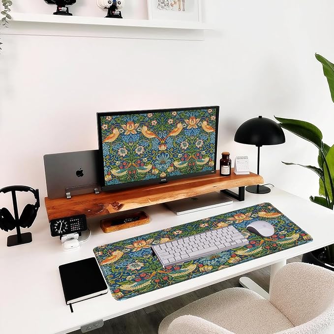 William Morris Mouse Pad, Large The Strawberry Thief Desk Mat with Famous Flower-and-Bird Art, Micro-Woven Fabric and Sewn Edge, for Office and Laptop Use, 31.5 x 11.8 Inches