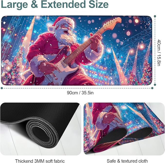 Santa Claus Guitar Extended Gaming Mouse Pad 35.4 x 15.7 Inch – Festive Desk Mat for Gaming, Holiday Work, and Home Office, with Non-Slip Rubber Base and Stitched Edges
