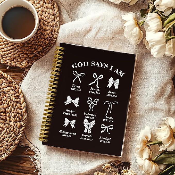 THDSE Bible Journal for Women, Christian Prayer Journal Notebook Gifts for Teen Girls Kids, Bible Study Supplies, Cute Bows Church Faith Journaling Hardcover Spiral Notebook 5.5 X 8.3(Black)