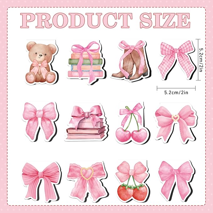 Pink Bows Magnetic Bookmarks, 12 Pcs Girly Magnet Book Mark Clips Gifts for Women Girls Students, Cherry Page Markers, Cute Stationery for Reading Journals Christmas Stocking Stuffers