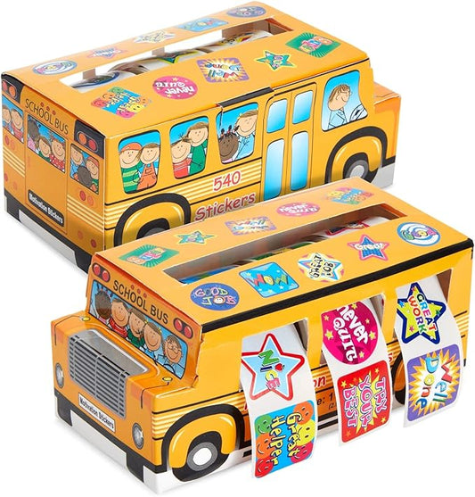 Juvale Teacher Reward Motivational Stickers - 6 Self-Adhesive Rolls (1080 Count) & 2 School Bus Dispensers - 1 in Multicolor Star, Square & Circle Designs - Classroom Essentials & Teacher Supplies