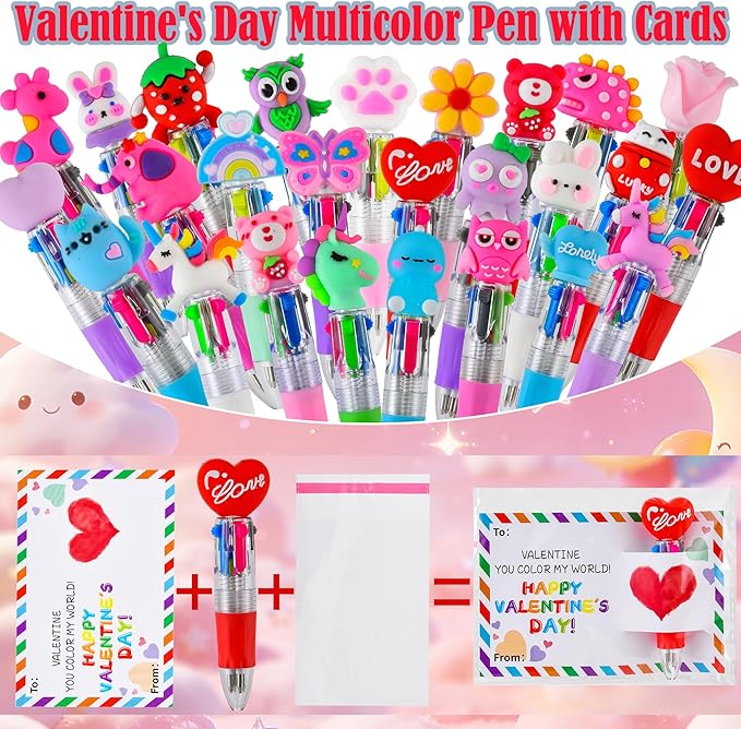 30 Set Mini Multicolor Pens in One 4-in-1, Cute Valentine Pens with 30 Valentines Day Cards for Valentines Day Classroom Gifts, Office Colleagues Greeting Exchange Gift School Party Favors