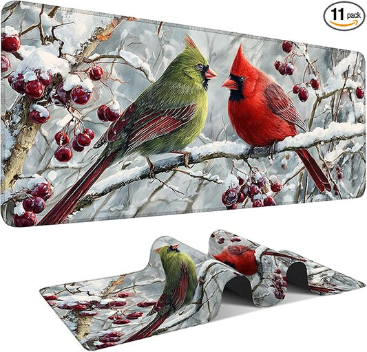Christmas Bird Extended Gaming Mouse Pad 35.4x15.7Inch Large Desk Mat Anti-Slip Rubber Base & Durable Stitched Edges for Gamers Smooth Mouse Writing Surface for Desk Office/Home
