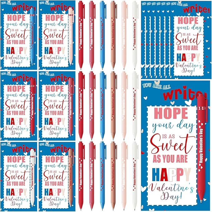 Cholemy 48 Sets Valentine Day Gifts Sets Include Motivational Ballpoint Pen with Greeting Card and Cable Ties for School Classroom Stationery Supplies Teacher Students Practical Gifts