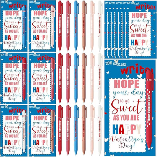 Cholemy 48 Sets Valentine Day Gifts Sets Include Motivational Ballpoint Pen with Greeting Card and Cable Ties for School Classroom Stationery Supplies Teacher Students Practical Gifts