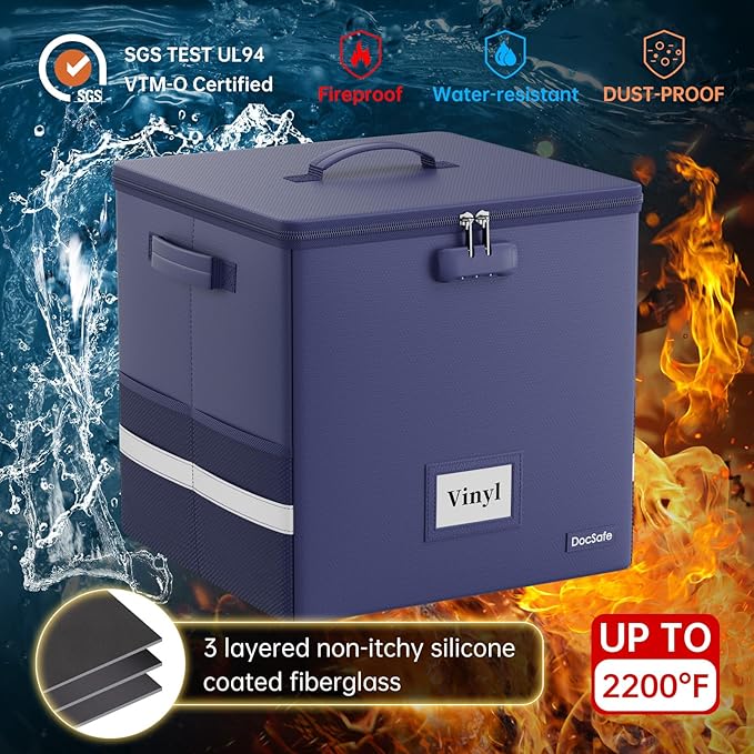 DocSafe Vinyl Record Storage Box with Lock, Fireproof＆Water Resistant Record Organizer for 100+ Single Records(12-inch), Collapsible Storage Crate with Lid&Handles for Valuable Album Collection, Blue