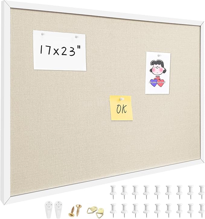 17x23 Inch Cork Board for Wall Hanging with Linen, Bulletin Board with Push Pins, Mounted Memo Message Board for Home Office Decor, Dorm Room Essentials, Classroom Organization