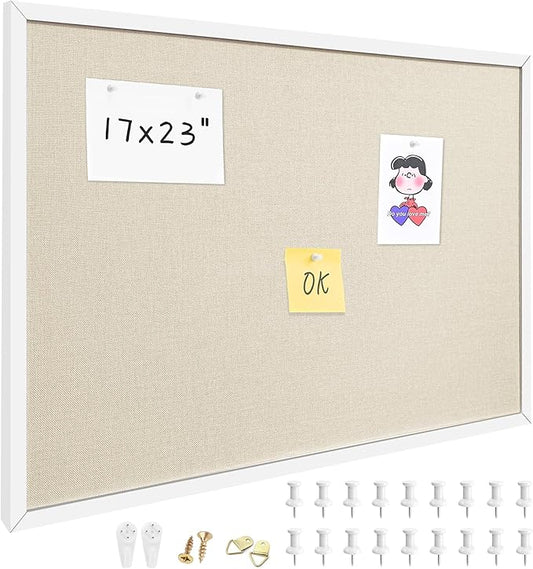17x23 Inch Cork Board for Wall Hanging with Linen, Bulletin Board with Push Pins, Mounted Memo Message Board for Home Office Decor, Dorm Room Essentials, Classroom Organization