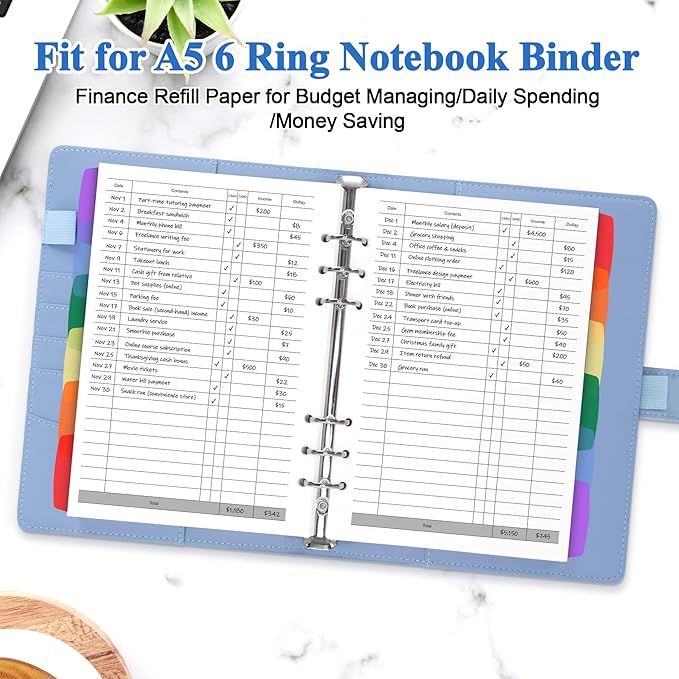 Antner A5 Finance Refill Paper Planner Refills, 135 Sheets 6-Hole Finance Records Loose Leaf Filler Paper with Binder Dividers for A5 6-Ring Budget Binder, Refillable Notebook, Accounting Book Inserts