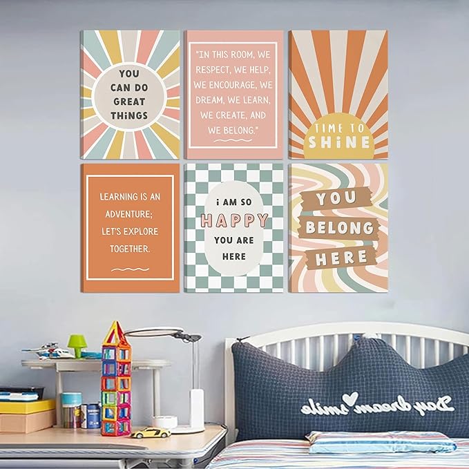 6Pcs Boho Inspirational Canvas Wall Art Positive Affirmations Growth Mindset Posters Wall Decor Pictures Modern Classroom School Posters Wall Prints for Children's Room nursery School 12x16in