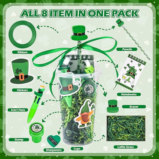 LiYiQ 247 Pcs St Patrick's Day Party Favors Return Gifts for Party, Student Stationery Gifts from Teacher, Pencil Erasers Notebooks Stickers for Classroom Birthday Goodie Bags Rewards Prizes