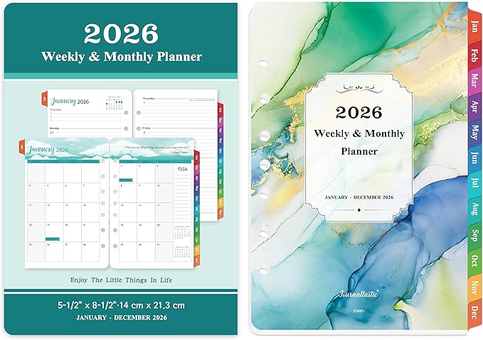 2026 Planner Refills - Planner Refills 2026, JAN 2026 - DEC 2026, A5 Planner Inserts, 2026 Weekly and Monthly Planner Refill, 5.5 x 8.5 inch, 7 Holes - Green