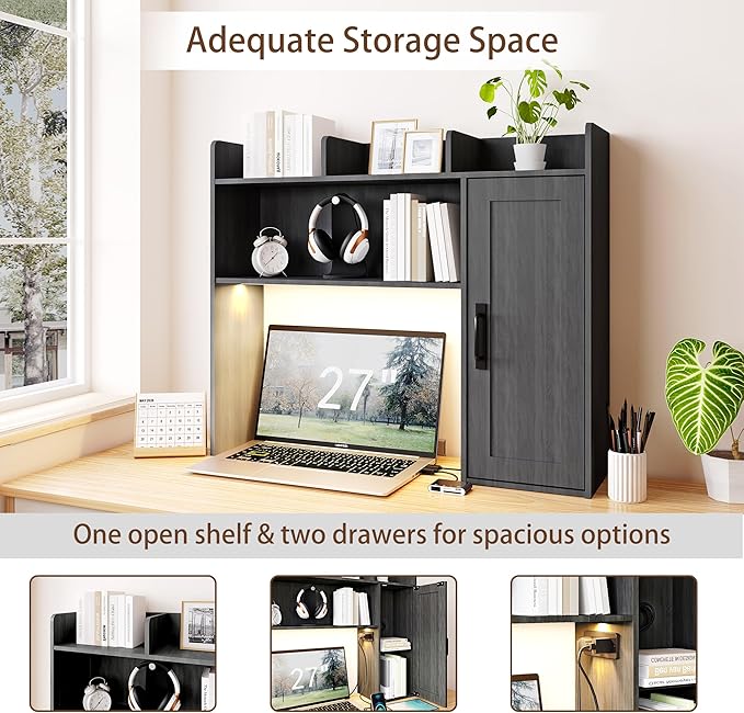 Desktop Bookshelf, Wooden Desk Hutch with LED Lights, Desktop Shelf with 6 Shelves and Power Outlets, Office Desk Organizer, Over Desk Storage Shelves for Dorm, Home, Grey