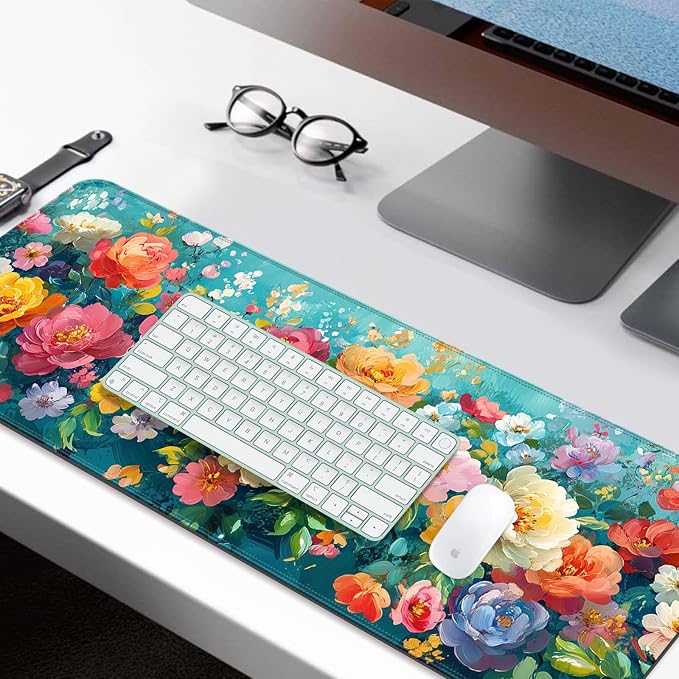 Colorful Flower Peony Gaming Desk Mat, Computer Keyboard Large Extended Long Floral Mouse Pad for Office and Home, XL (W28)
